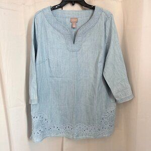 Chicos Womens Top Large Chambray Denim Floral Embroidered Western Beach 18331